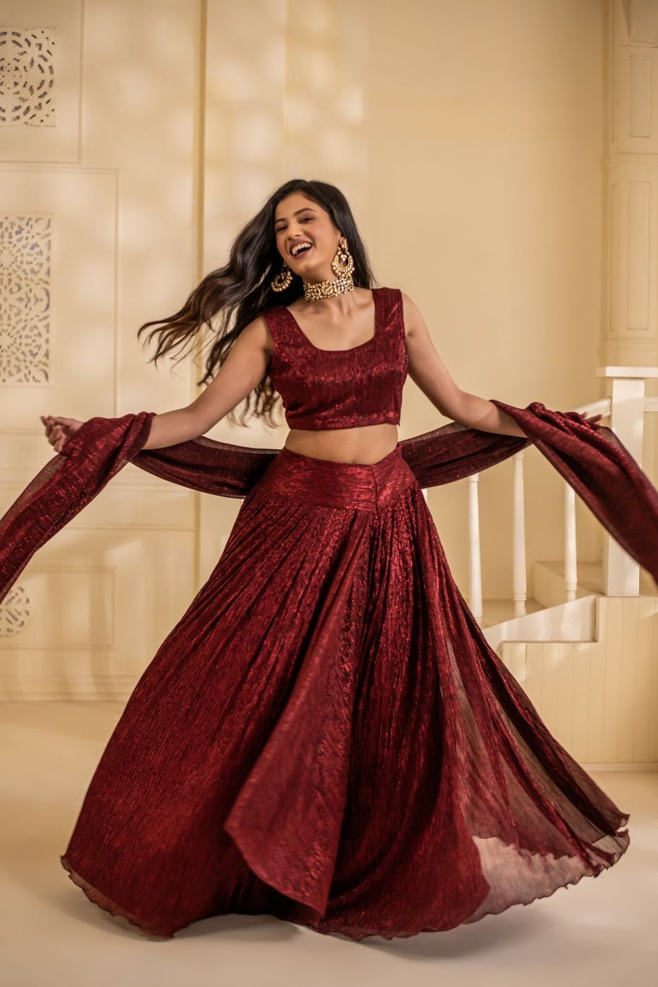 Rooh Lehenga — maroon crushed georgette lehenga