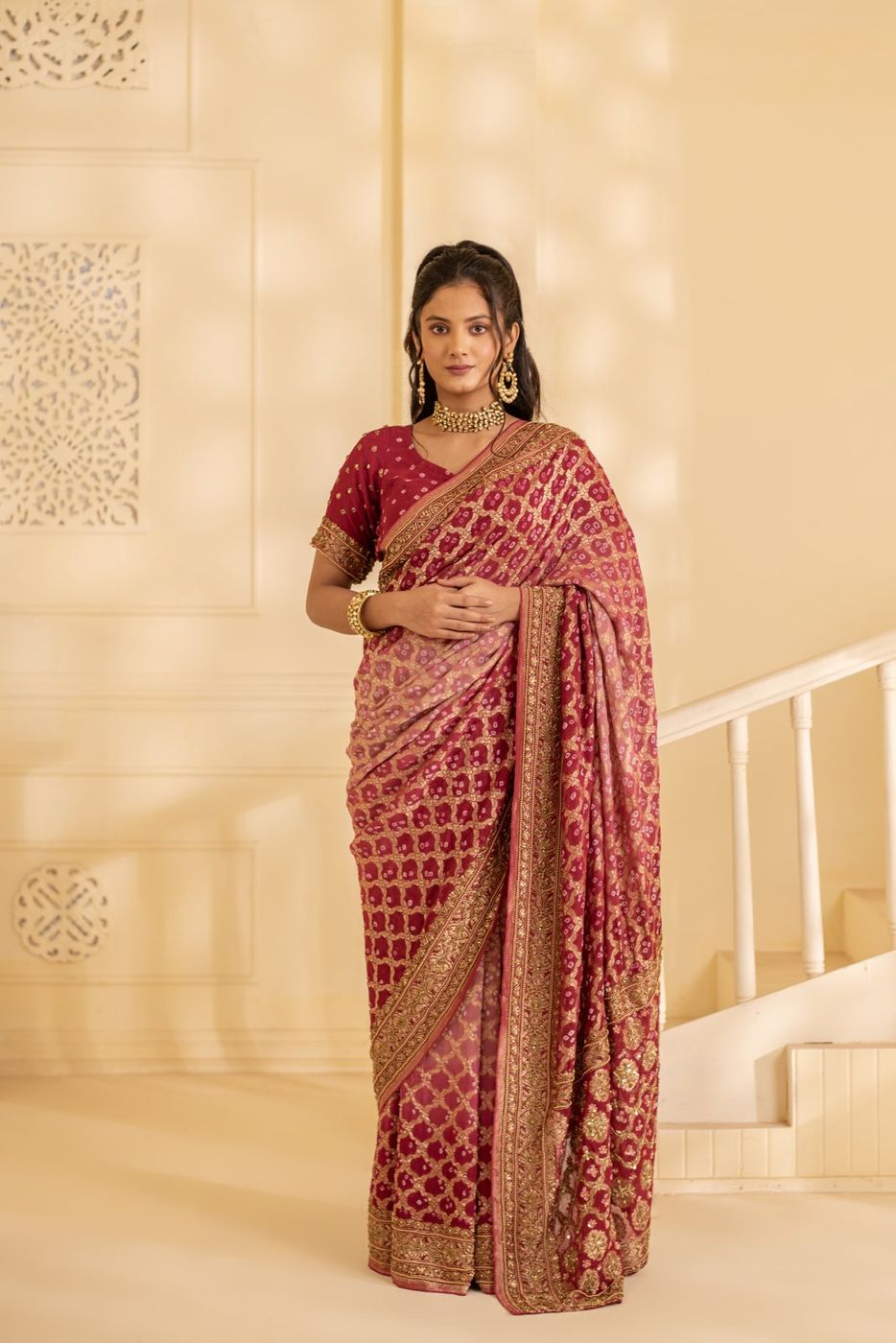 Deep rose bandhani silk saree